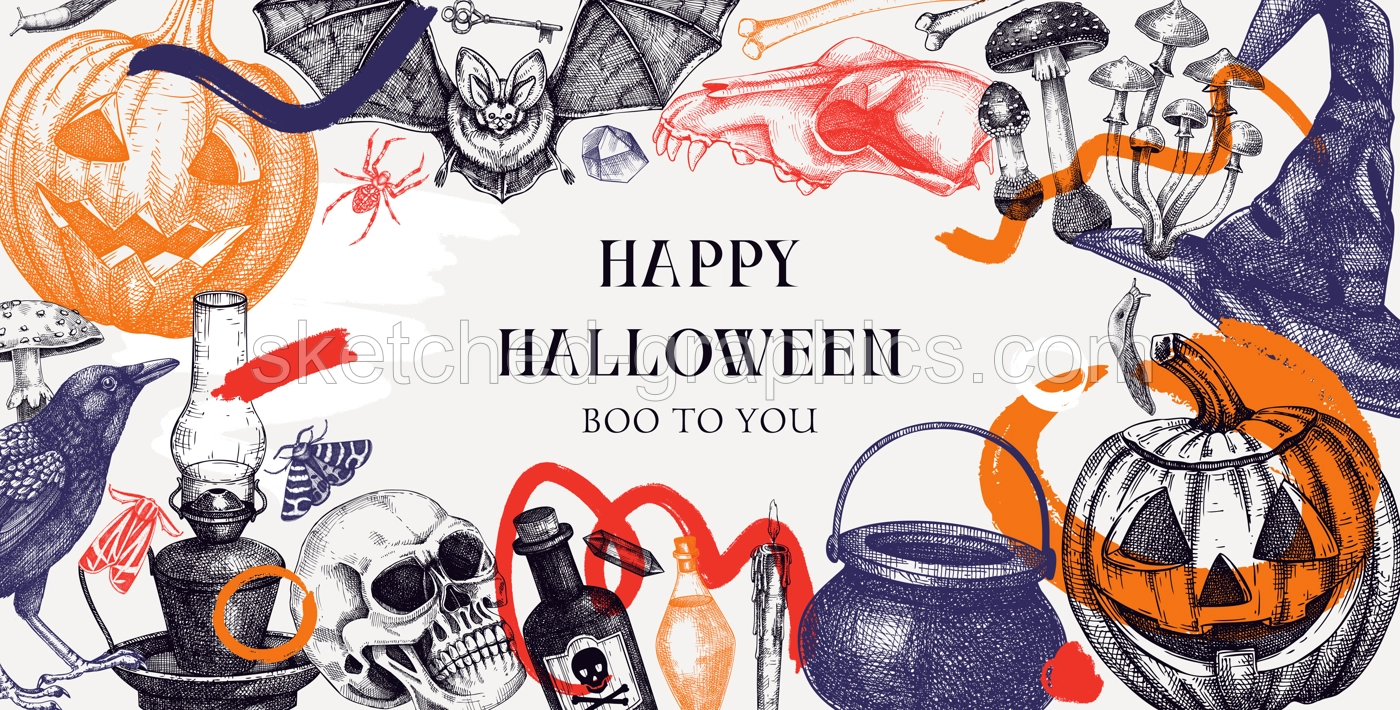 Collage style Halloween frame design. Hand drawn vector illustration. Halloween party invitation. Abstract shapes, trendy design elements, Skulls, bones, Halloween pumpkins, poison, mushrooms sketches Illustration